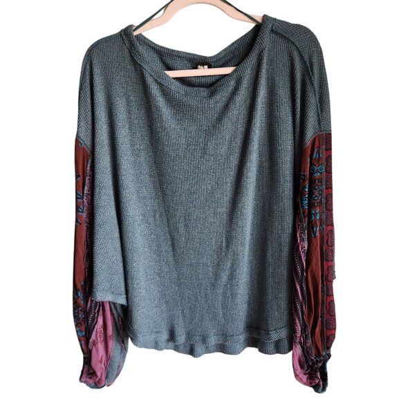 Free People Sweater Large Teal Green Blue Women's Mixed Media Top Boho Shirt - Picture 1 of 9